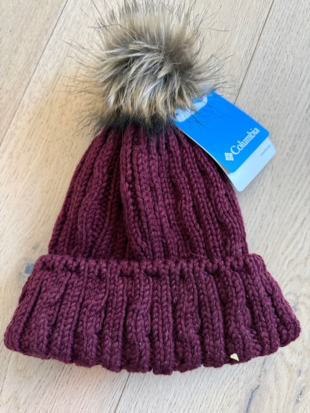 Columbia Kids Burgundy Knit Beanie with Faux Fur Pom